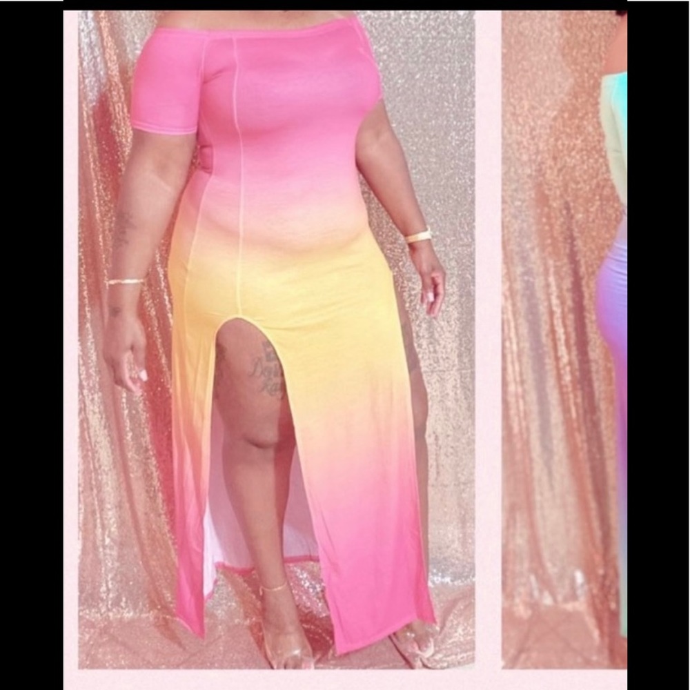 Long pink and yellow dress with split